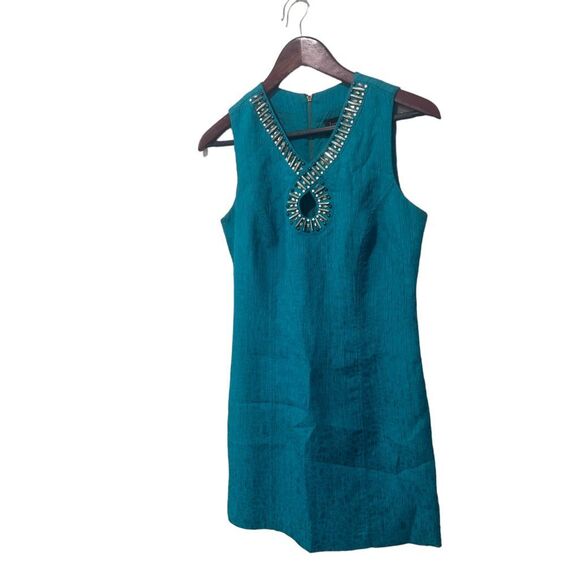 Laundry by Shelli Segal Embellished Collar Teal Sleeveless Mini Dress Size 4 - Picture 6 of 14